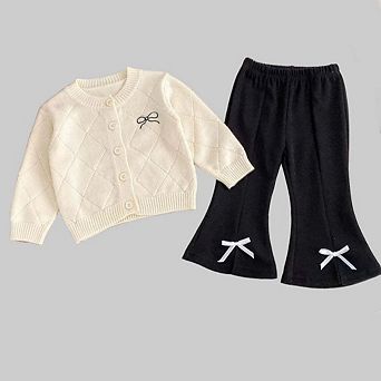 Spring and Autumn Kids Girls Argyle Pattern Long Sleeves Cardigan and Pants Clothing Set