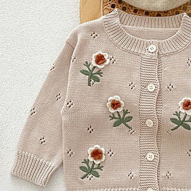 Baby Girls Comfortable Flowers Embroiedery Knitted Long Sleeves Cardigan