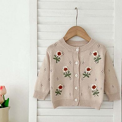 Baby Girls Comfortable Flowers Embroiedery Knitted Long Sleeves Cardigan