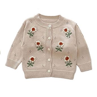 Baby Girls Comfortable Flowers Embroiedery Knitted Long Sleeves Cardigan