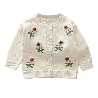 Baby Girls Comfortable Flowers Embroiedery Knitted Long Sleeves Cardigan
