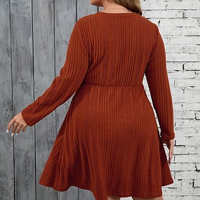 Plus Size Sweater Knit Dress for Women Crew Neck Long Sleeves Button Down Midi Dress with Pockets