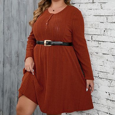 Plus Size Sweater Knit Dress for Women Crew Neck Long Sleeves Button Down Midi Dress with Pockets