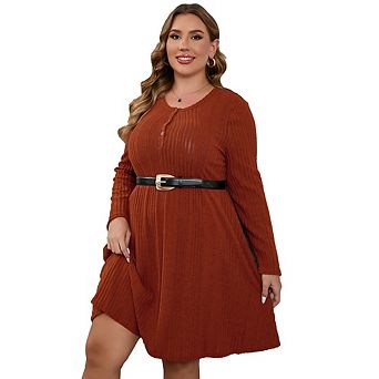 Plus Size Sweater Knit Dress for Women Crew Neck Long Sleeves Button Down Midi Dress with Pockets