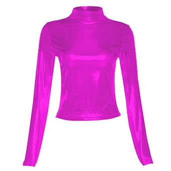 Women's Metallic Gold Long Sleeve Turtleneck T-Shirt Bodycon Party Top Stretchy Blouse