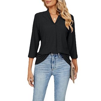 Women's V-Neck Floral Jacquard Blouse Elegant Lace Trim Peplum Top 3/4 Sleeve Loose Fit T-Shirt