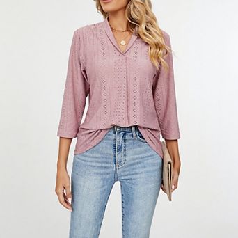 Women's V-Neck Floral Jacquard Blouse Elegant Lace Trim Peplum Top 3/4 Sleeve Loose Fit T-Shirt