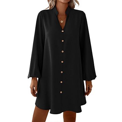 Womens V Neck Lantern Long Sleeve Midi Dress Fake Button Loose Casual Fall Dress