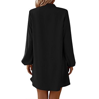 Womens V Neck Lantern Long Sleeve Midi Dress Fake Button Loose Casual Fall Dress