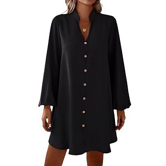 Womens V Neck Lantern Long Sleeve Midi Dress Fake Button Loose Casual Fall Dress