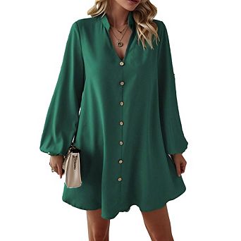 Womens V Neck Lantern Long Sleeve Midi Dress Fake Button Loose Casual Fall Dress