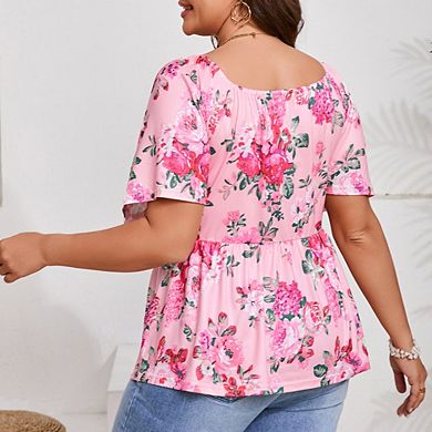 Plus Size Summer Tunic Tops for Women Sweetheart Neck Ruffle Short Sleeve Casual Puff Hemline Blouse