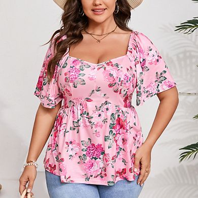 Plus Size Summer Tunic Tops for Women Sweetheart Neck Ruffle Short Sleeve Casual Puff Hemline Blouse
