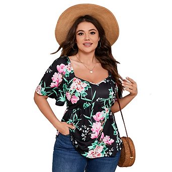 Plus Size Summer Tunic Tops for Women Sweetheart Neck Ruffle Short Sleeve Casual Puff Hemline Blouse