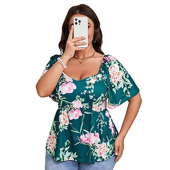 Plus Size Summer Tunic Tops for Women Sweetheart Neck Ruffle Short Sleeve Casual Puff Hemline Blouse