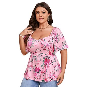 Plus Size Summer Tunic Tops for Women Sweetheart Neck Ruffle Short Sleeve Casual Puff Hemline Blouse