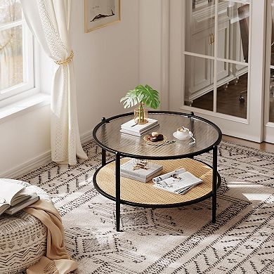 IDEALHOUSE Round Rattan Coffee Table with Water-Wave Glass Top