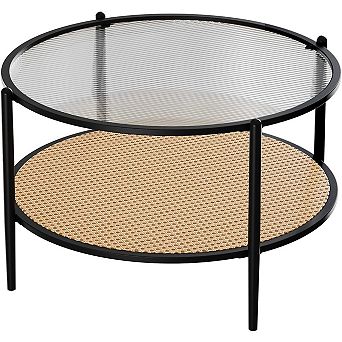 IDEALHOUSE Round Rattan Coffee Table with Water-Wave Glass Top