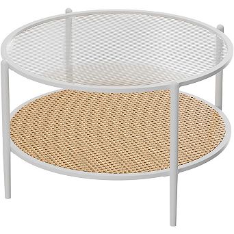 IDEALHOUSE Round Rattan Coffee Table with Water-Wave Glass Top