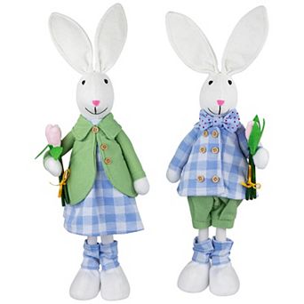 Northlight 2 pc Bunny Couple in Matching Checkered Outfits Figurines Set