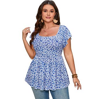 Womens Plus Size Summer Tops Square Neck Ruffle Short Sleeve Casual Tunics Loose Comfy Blouse Shirts