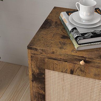 IDEALHOUSE Rattan Side Table with Tray and Cabinet