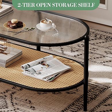 IDEALHOUSE Oval Rattan Coffee Table with Glass Top