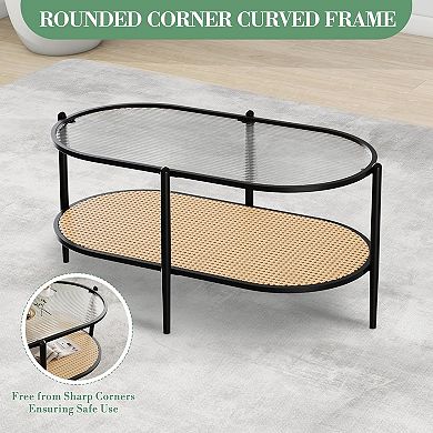 IDEALHOUSE Oval Rattan Coffee Table with Glass Top