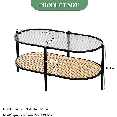 IDEALHOUSE Oval Rattan Coffee Table with Glass Top