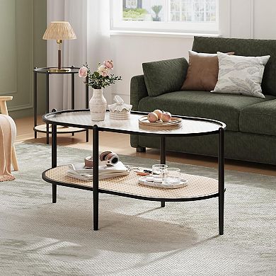 IDEALHOUSE Oval Rattan Coffee Table with Glass Top