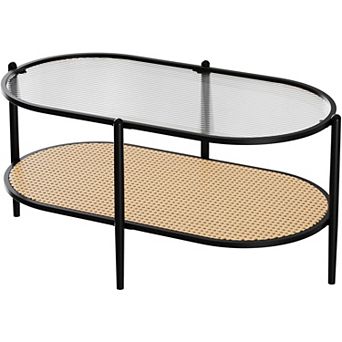 IDEALHOUSE Oval Rattan Coffee Table with Glass Top