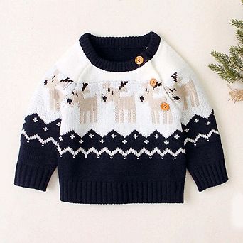 Baby Cartoon Christmas Deer Pattern Shoulder Button Design Knitted Pullover Sweater