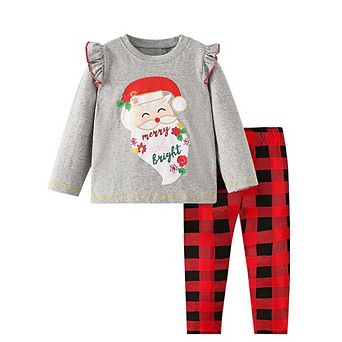Girls Christmas Cartoon Collection Printing Design Top And Plaid Pants Set