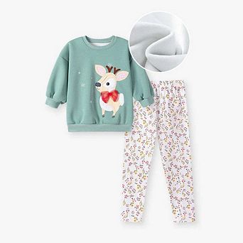 Spring and Autumn Girls Animals Cartoon Pattern Long Sleeves Christmas Clothing Set