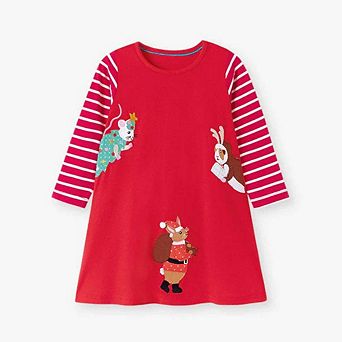 Autumn and Spring Christmas Cartoon and Striped Pattern Long Sleeves Dress