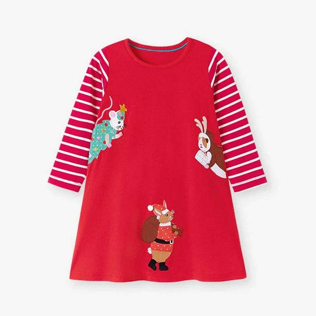 MyKids-USA Autumn and Spring Christmas Cartoon and Striped Pattern Long Sleeves Dress Red 90 (12-24M)