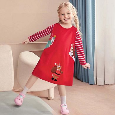 Autumn and Spring Christmas Cartoon and Striped Pattern Long Sleeves Dress