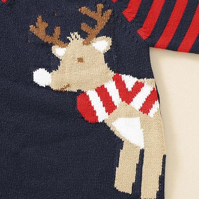 Baby Cartoon Elk Graphic Side Striped Sleeve Knitted Romper