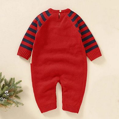 Baby Cartoon Elk Graphic Side Striped Sleeve Knitted Romper