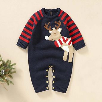 Baby Cartoon Elk Graphic Side Striped Sleeve Knitted Romper
