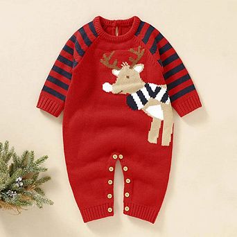 Baby Cartoon Elk Graphic Side Striped Sleeve Knitted Romper