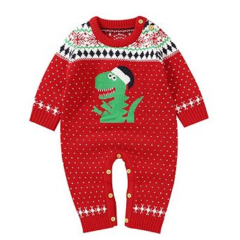 Baby Dinosaur And Dot Print Pattern Christmas Style Knit Warm Romper