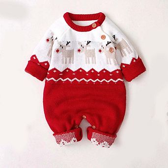 Baby Christmas Giraffe Pattern Shoulder Button Design Sweater Rompers