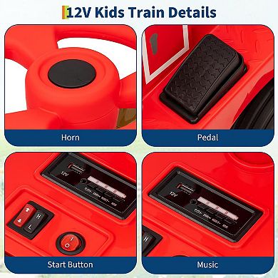 12V 2Seater Kids Ride On Train 2 Speed Modes One Button Start Headlights Horn Rubber Wheels