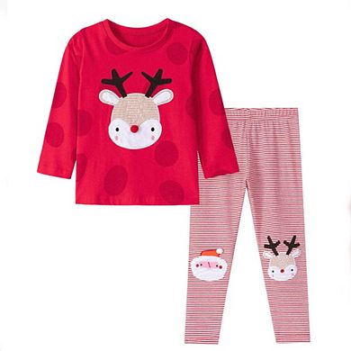 Spring and Autumn Girls Christmas Cartoon Pattern Sweatshirt and Striped Pants Clothing Set