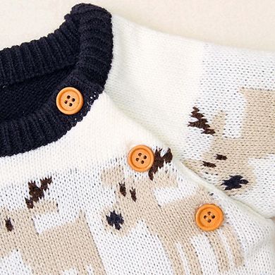 Baby Cartoon Christmas Deer Pattern Shoulder Button Design Knitted Pullover Sweater