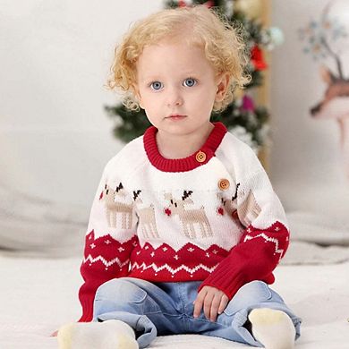 Baby Cartoon Christmas Deer Pattern Shoulder Button Design Knitted Pullover Sweater