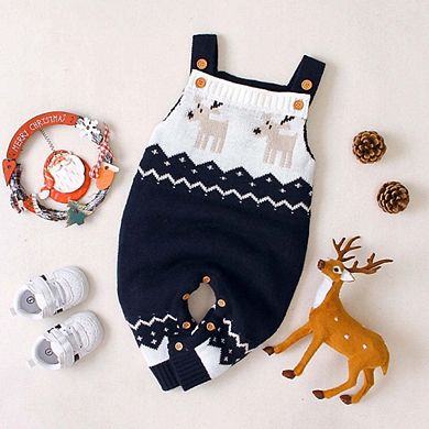 Baby Christmas Elk Pattern Strappy Design Sweater Rompers