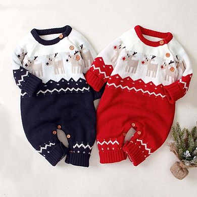 Baby Christmas Giraffe Pattern Shoulder Button Design Sweater Rompers