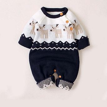 Baby Christmas Giraffe Pattern Shoulder Button Design Sweater Rompers